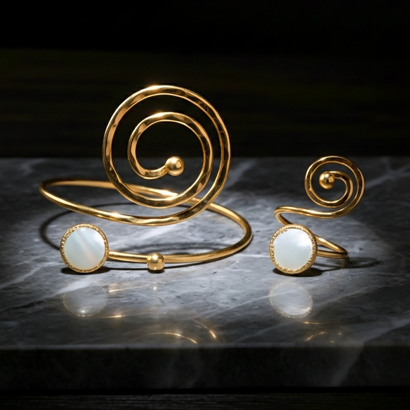 🆕️Stunning Luxurious Turkish Artisan 18K Gold Plated Spiral Ring Bracelet Set - Picture 1 of 9